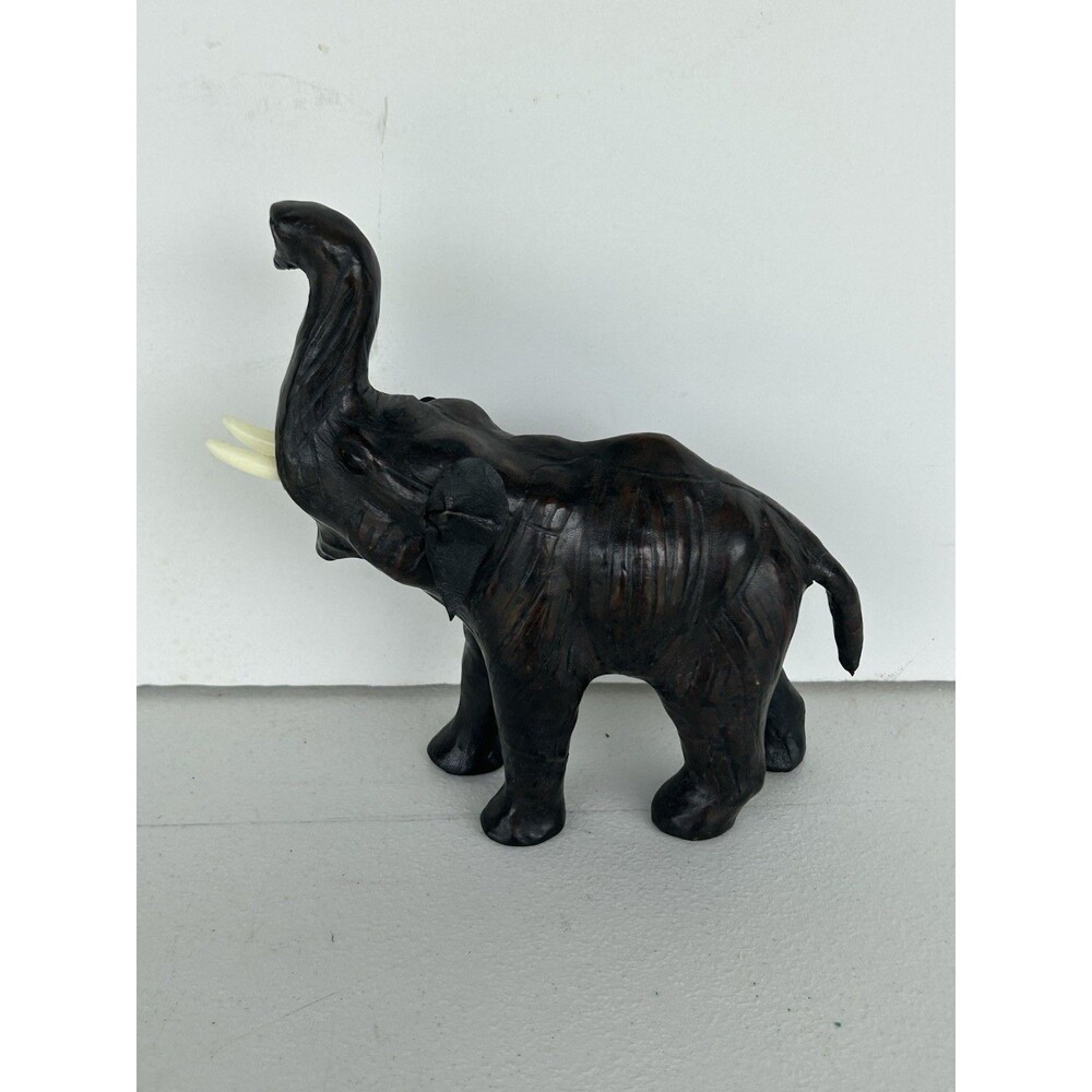 Vintage Leather Elephant Figurine India 8” Raised Trunk Faux Ivory Tusks